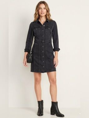 J Crew Short Denim Long Sleeve Shirt Dress Button Front Black Size 6 Women’s